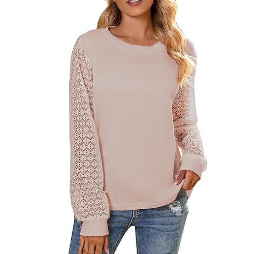 TTFDJG Pullover Damen Spitze Strickpullover Lässige Rundhals Lace Langarm Häkelpullover Elegantes Einfarbig Stricktop Patchwork Oberteile Stricken Langarmshirt 1-Teint M von TTFDJG