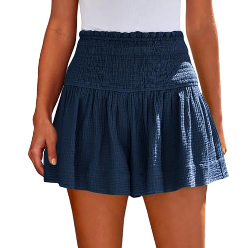 TTFDJG Sommerhose Kurz Damen Leicht Luftig Shorts Damen Weites Bein Leinenhose Damen Kurz Sport Shorts Damen High Waist Strandshorts Damen Sommer Jogging Shorts Damen Sweathose Damen Kurz Blau S von TTFDJG