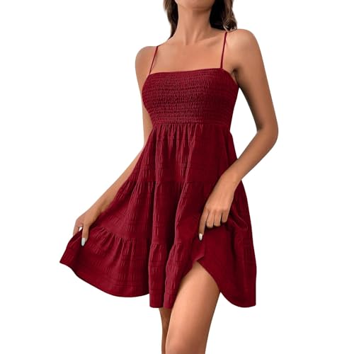 TTFDJG Sommerkleid Damen Kurz Ärmellos Party Kleider Damen Sexy Spaghettiträger-Kleid Mini Strandkleider Sommer Gesmoktes Kleid Elegant Dresses for Women Freizeit Rüschenkleid Rückenfrei Partykleid von TTFDJG
