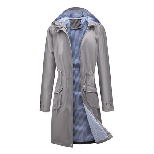 TTFDJG Sommermantel Damen Leicht Lang Damen Übergangsjacke Frühling Windbreaker Damen Outdoor Jacken Für Damen Regenjacke Wasserdicht Leicht Regenmantel Jacke Damen Regenjacken Für Damen Grau XXL von TTFDJG