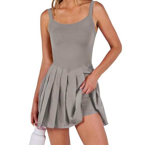 TTFDJG Sport Kleid Mit Hose Sommerkleider Damen Tenniskleid Damen Sport Kleidung Frauen Tennisrock Damen Mit Hose Kleid Mit Shorts Integriert Kleid Damen Ärmellos Activewear-Sets Für Damen Grau L von TTFDJG