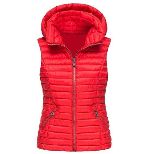 TTFDJG Steppweste Damen Leicht Grosse Grössen Damen Übergangsjacke Herbst Damenwesten Ärmellos Damen Frühlingsjacke Damen Steppjacke Damenweste Ohne Ärmel Winterjacke Damen Lang Mit Kapuze Rot 4XL von TTFDJG