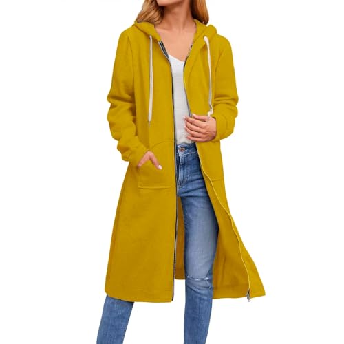 TTFDJG Sweatjacke Hoodie Damen Lang Langer Hoodie Damen Kapuzenpullover Sweatjacke Damen Übergangs Damen Mantel Kapuzepulloverkleid Damen Sweatshirt Kleid Damen Lang Damen Long Sweatshirt Gelb XXL von TTFDJG