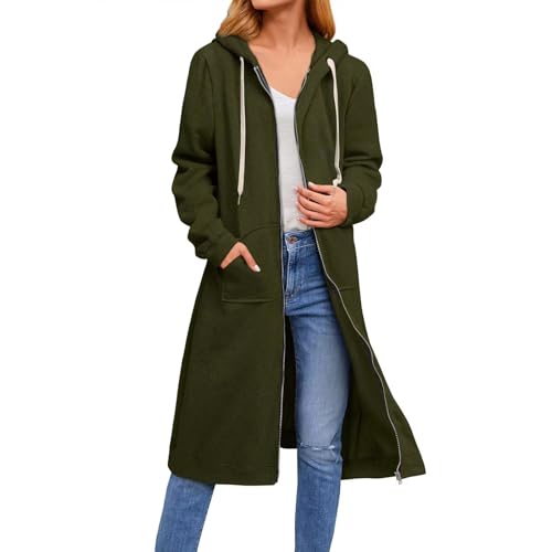 TTFDJG Sweatjacke Lang Damen Hoody Damen Mit Kapuze Lang Sweatjacke Hoodie Damen Übergangsjacke Damen Kapuzenpullover Damen Reißverschluss Sweatshirt Kleider Damen Sweatshirt Long Damen Grün XL von TTFDJG