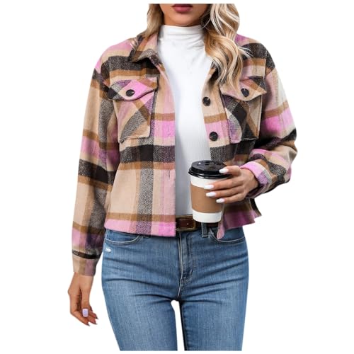 TTFDJG Tweed Jacket Damen Karo Hemdjacke Langarm Kurz Herbst und Winter Mantel Wintermantel Langarm Jacke Softshell Jacke Blazer Elegant Outwear 2-Rosa XL von TTFDJG