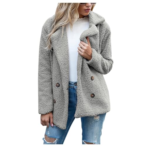 TTFDJG Winterjacke Damen Warm Teddy Fleece Damen Kaputzensweatshirtjacke Damen Wollmantel Damen Lang Damen Hemden Kurzmantel Damen Übergang Karo Kleid Damen Teddymantel Plüschmantel XL Light Gray von TTFDJG