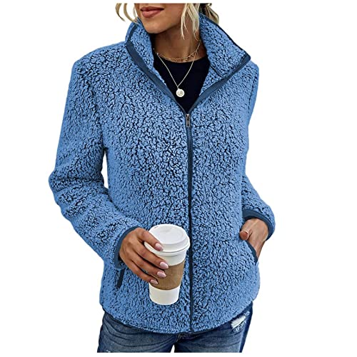 Übergangsjacke Damen Lang Frühjahr Sommerjacke Leicht Kapuzenjacke Winterjacke Jacke Frühling Wintermantel Wolle Mantel Winter Kurz Teddyfleece Teddy Teddyjacke Plüschjacke Blau M von TTFDJG