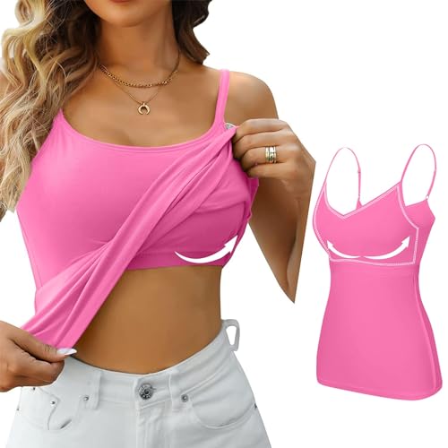 Unterhemd Damen Baumwolle Trägertop Mit Integriertem BH Spaghetti Top Damen Trägershirt Damen Locker BH Hemd Damen Mit Cups Tank Top Mit BH Top Mit Eingearbeitetem BH Top Rot Damen Rosa L von TTFDJG