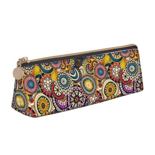 Federmäppchen aus Leder mit ethnischen Kreisen, Blumenmuster, dreieckig, mit Reißverschluss, Stifteetui für Jungen, Mädchen, Schüler für Arbeit und Schule, weiß, Einheitsgröße, Kosmetiktasche von TTIGLHOH