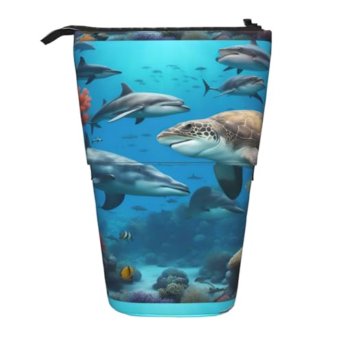 TTIGLHOH Federmäppchen mit Delfinen, Meeresschildkröte, Hai, Oktopus, Korallenriff, stehendes Federmäppchen für Mädchen und Jungen, Teleskop-Stifttasche für Kinder, große Kapazität für die Schule von TTIGLHOH