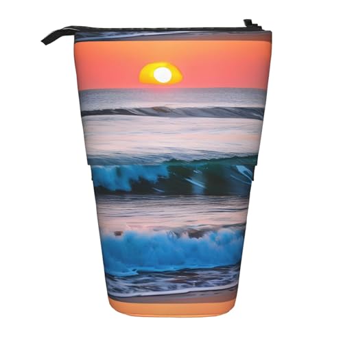 TTIGLHOH Stehendes Federmäppchen mit Sonnenuntergang und Sonnenaufgang mit Ozean, Meereswellen, für Mädchen und Jungen, Teleskop-Stifttasche für Kinder, große Kapazität für die Schule, Schwarz von TTIGLHOH
