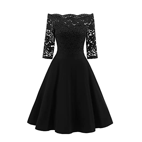 Ballkleider Damen Lang Prinzessin Elegantes Kleid für Damen Spitzenkleid Halbarm festes Kleid Rock schulterfrei Hochzeitsfeier knielanges Kleid Festliche Slim Lockere Freizeitkleid (Black M) von TTNTTR