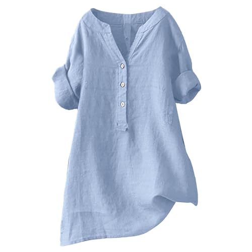 Blusen Tuniken für Damen Leinen Langarmshirt Musselin Bluse Casual Große Größen Oberteile Tops Elegante Blusenshirt V Ausschnitt Freizeithemd Lang Tunika Shirt Blau von TTNTTR