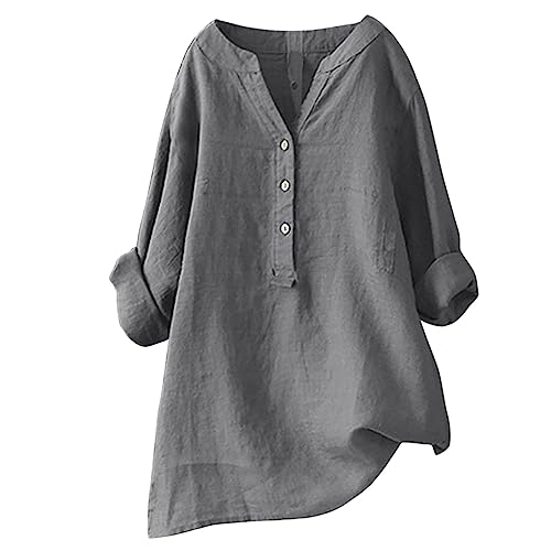 Blusen Tuniken für Damen Leinen Langarmshirt Musselin Bluse Casual Große Größen Oberteile Tops Elegante Blusenshirt V Ausschnitt Freizeithemd Lang Tunika Shirt Grau von TTNTTR