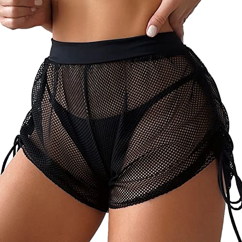 Damen-Badeoberteil mit Bügel, durchscheinend, Netzstoff, Überzug, Strand, einfarbig, durchsichtig, Mesh-Überzug, kurze Hose, Damen-Badeanzug, Badeanzug, Schwarz , 44 von TTNTTR