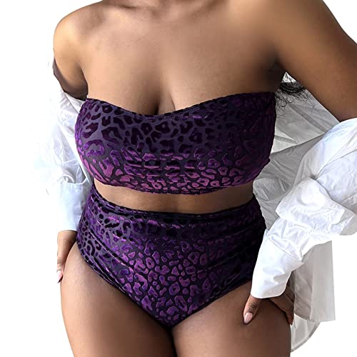 Damen-Bikini-Sets, sexy, Übergröße, Badeanzug, Samt, einfarbig, Leoparden-Bandeau, hohe Taille, Badeanzug, Übergröße, Badeanzug, Hose für Damen, 4X, violett, 44 von TTNTTR