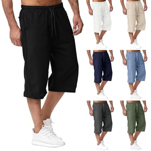 Dreiviertel Hose Herren,Shorts Herren Sommer Baumwolle Leinen Kurz Hose Freizeit Sommerhose 7/8 Caprihose Dreiviertel Leichte Sporthose Einfarbiges Sweatpants Lose Musselin Strandhose,Schwarz,M von TTNTTR