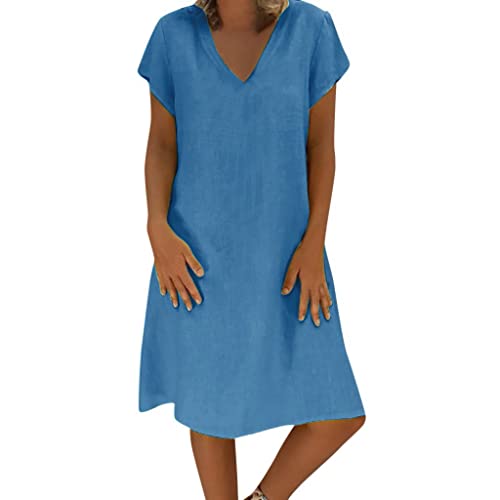 Leinenkleid Damen Sommer Knielang Leicht Sommerkleid Damen Elegantes Midikleider Bequemer Damen Sommer Kleider V Ausschnitt Kurzarm Frauen Luftige Sommerkleider Damenkleider FüR Abend Sommerkleid von TTNTTR