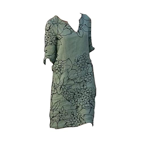 Leinenkleid Damen Sommer V-Ausschnitt Midikleid Kurzarm A-Linie Kleid Sommer Leinenkleid T Shirt Kleid Einfarbige Vintage Alltagsleben Freizeitkleid Hemdblusenkleid von TTNTTR