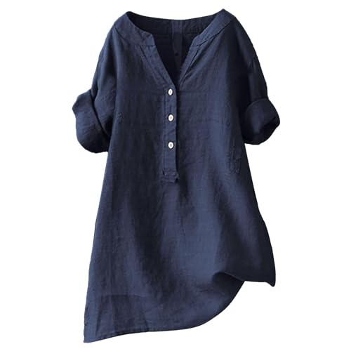 Musselin Bluse Damen Leinen Langarmshirt Bluse Casual Große Größen Oberteile Tops Elegante Blusenshirt V Ausschnitt Freizeithemd Lang Tunika Shirt Mode Longbluse Oversized Longbluse Marine von TTNTTR