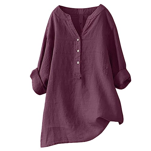 Musselin Bluse Damen Leinen Langarmshirt Bluse Casual Große Größen Oberteile Tops Elegante Blusenshirt V Ausschnitt Freizeithemd Lang Tunika Shirt Mode Longbluse Oversized Longbluse Rot von TTNTTR