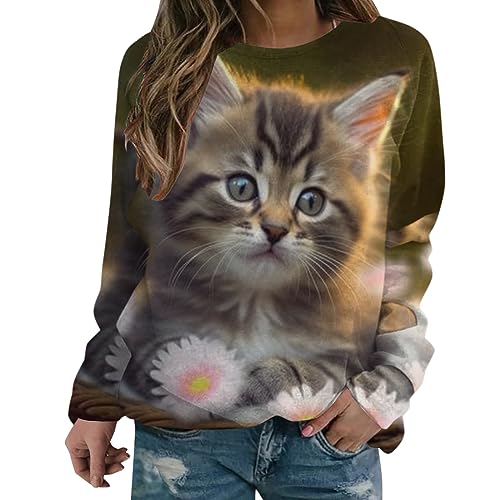 Pullover Damen Herbst Hoodless LäSsiges Rundhals Langarm Katze Drucken Cartoon Niedlich Pullover Sweatshirt Ohne Kapuze Fashion Herbst Pullover Sport Streetwear von TTNTTR