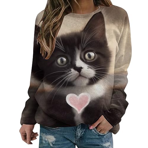 Pullover Damen Herbst Hoodless LäSsiges Rundhals Langarm Katze Drucken Cartoon Niedlich Pullover Sweatshirt Ohne Kapuze Fashion Herbst Pullover Sport Streetwear von TTNTTR