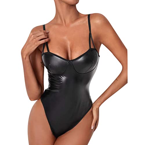 Roleplay Teddy Bodysuit Dessous Damen Sexy UnterwäSche Lederanzug Tiefer V-Ausschnitt Aus Lackleder Strapsen Dessous Set Frauen-Reizvoller Spannender Dreieck Negligees Dessous FüR Frauen von TTNTTR