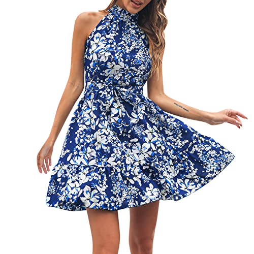 Sommerkleid Damen Knielang HäNgender Hals Hochgeschlossen Floral äRmelloses Krawatten In Der Taille Swing Modisch Chiffon Kleid Elegant Ferienkleider Ballkleid Kurz von TTNTTR