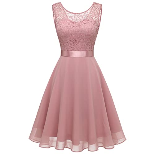 Sommerkleid Damen Knielang Spitze äRmellos Rundhals Tankkleid Solide Farbe Abendkleider Prinzessin Promkleid Luftiges Brautjungfernkleider Tunika Spitzenkleid Elegant Festliche von TTNTTR