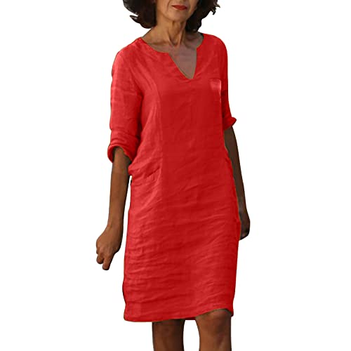 Sommerkleid Damen Lang Leinenkleid Sommerkleid Damen Halbarm Lockerer Schnitt T-Shirt Blusenkleid Einfarbig V Ausschnitt LäSsiges Luftiges Freizeitkleid Damen Retro von TTNTTR