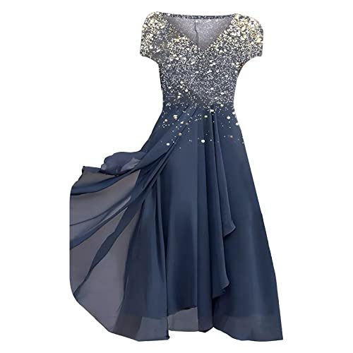 Sommerkleid Damen Lang Pailletten Abendkleider Einfarbig Swing CgerüScht Gradient Mode LäSsiges Kurzarm V Ausschnitt Atmungsaktive Brautjungfernkleider Abendkleider Elegant FüR Hochzeit von TTNTTR