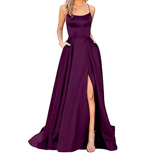TTNTTR Abendkleider Elegant FüR Hochzeit Bandeau Kreuz SpaghettiträGer RüCkenfreie Ballkleider Damen Lang Satin Abschlussballkleider Seitlichem Schlitz Abendkleid Lang Mit Taschen von TTNTTR