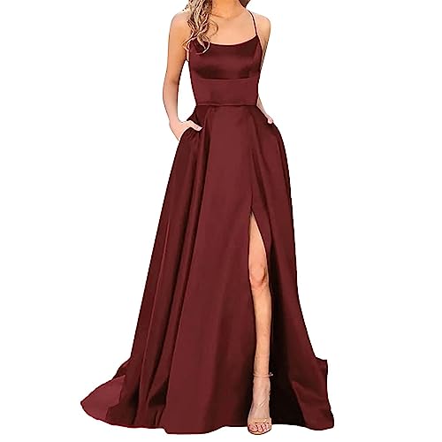 TTNTTR Ballkleider Abendkleider Damen Lang Prinzessin Bandeau Seitlichem Schlitz Kreuz SpaghettiträGer RüCkenfreie Ballkleider Damen Lang Mit Taschen Satin Abschlussballkleider Abendkleid Lang von TTNTTR