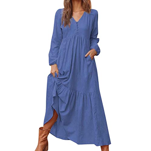 TTNTTR Damen Kleider Elegant Herbst Damen Knopf Baumwolle Retro Casual Langarm Kleid Weiter Saum AlltäGliche Freizeitkleid Mehrere Farben VerfüGbar (Dark Blue XXL) von TTNTTR