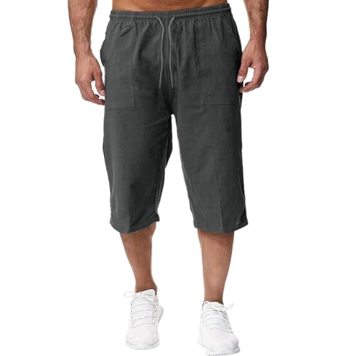 TTNTTR Dreiviertel Hose Herren,Shorts Herren Sommer Baumwolle Leinen Kurz Hose Freizeit Sommerhose 7/8 Caprihose Dreiviertel Leichte Sporthose Einfarbiges Sweatpants Lose Musselin Strandhose,Grau,XXL von TTNTTR
