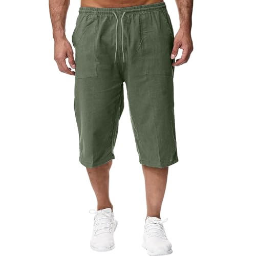 TTNTTR Herren Leinenhose 3/4,Shorts Herren Sommer Baumwolle Leinen Kurz Hose Freizeit Sommerhose 7/8 Caprihose Dreiviertel Leichte Sporthose Einfarbiges Sweatpants Lose Musselin Strandhose,Grün,XL von TTNTTR