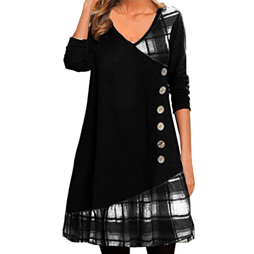 TTNTTR Kleider Damen Luftiges Herbstkleid Damen Freizeitkleid Langarm-Patchwork-Kleid mit V-Ausschnitt für Damen Verziertes Kleid mit kariertem Druck und Knöpfen Bustierkleid lang (Black XXL) von TTNTTR