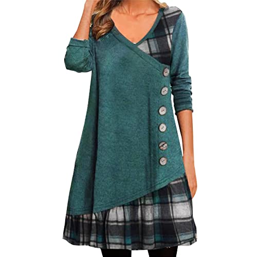 TTNTTR Kleider Damen Luftiges Herbstkleid Damen Freizeitkleid Langarm-Patchwork-Kleid mit V-Ausschnitt für Damen Verziertes Kleid mit kariertem Druck und Knöpfen Bustierkleid lang (Green L) von TTNTTR
