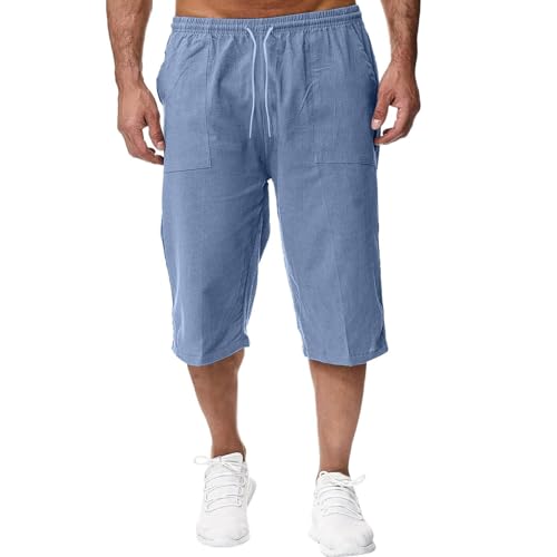 TTNTTR Leinenhose Herren Kurz,Shorts Herren Sommer Baumwolle Leinen Kurz Hose Freizeit Sommerhose 7/8 Caprihose Dreiviertel Leichte Sporthose Einfarbiges Sweatpants Lose Musselin Strandhose,Blau,3XL von TTNTTR