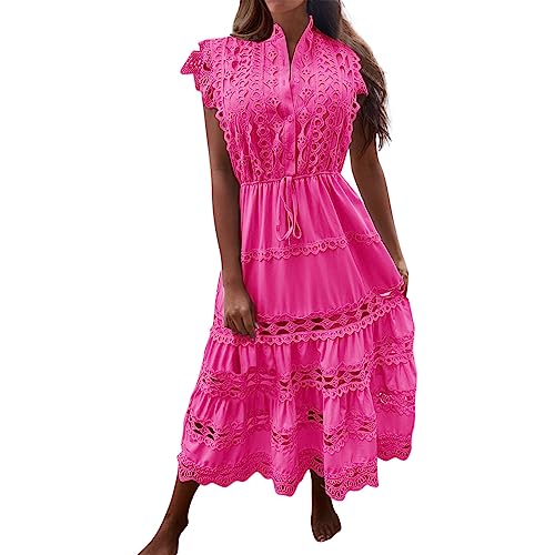 TTNTTR Sommerkleid Damen Lang Blusenkleid V-Ausschnitt äRmellos Knopfleiste Lockerer Schnitt Vestkleid Mit Waist Kordelzug Weiter Saum Spitzenmuster Gestuftes Maxikleid Strandskleid 2023 von TTNTTR