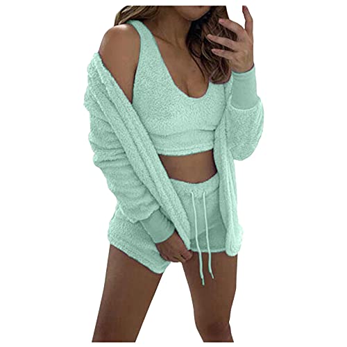 TTNTTR Sport Unterwäsche Frauen DREI Stücke Anzug Weiche Warme Flanell Shorts Pyjama Set Nette Katze Bart Mit Kapuze Nachtwäsche Sommerhose Zweiteiliger Schlafanzug (Green, S) von TTNTTR