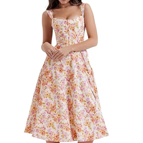 Damen Sommerkleid Im Boho-Stil Mit Blumenmuster, Quadratischem Ausschnitt, Breiten Trägern Und Schlitzen Vorne von TTOUDRY