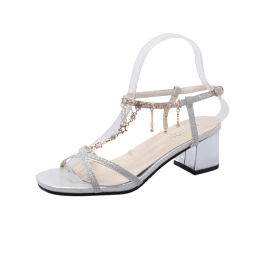 TTOUDRY Hochhackige Sandalen Mit Strass-Metallkette Für Damen, Sommer-Feen-Stil, Dicker Absatz, Quaste, Mittelhoher Absatz, Modische Urlaubssandalen von TTOUDRY