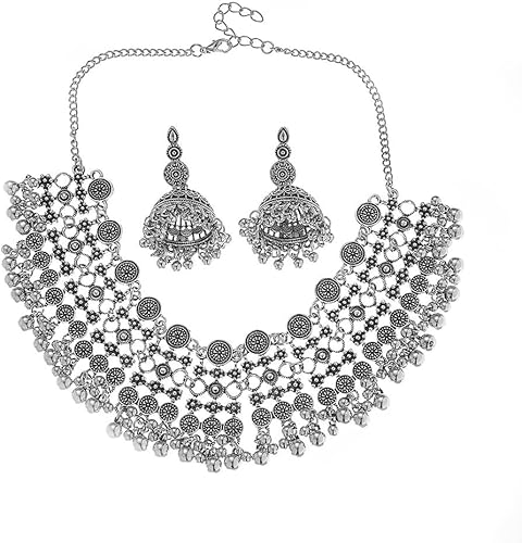 TTPSRY 2 Stück Schmuckset Damen Bohemian Anhänger Ohrringe Halskette Schmuck Set Gold Silber Perlen Boho Ethnisch Mode Schmuck Geschenke Feste Brauchtum Feiertage für Mädchen (Silber) von TTPSRY