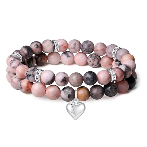 TTPSRY Amethyst Armband Set 2 Stück Hochwertige Naturstein Perlenarmbänder Mit Herzanhänger Und Strass Elastisches Armband Für Damen Lila Kristall Schmuck Für Frauen von TTPSRY