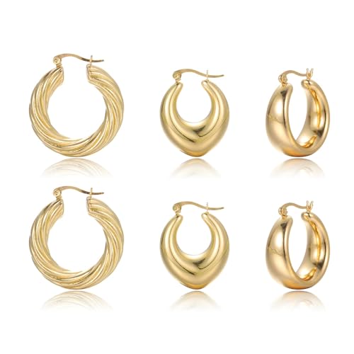 TTPSRY 3 Paar Ohrringe Gold Creolen Set für Damen Mädchen Chunky Gold Kreolen Ohrringe Breite Creolen Ohrring Groß Hypoallergen Ohrringe Modeschmuck von TTPSRY