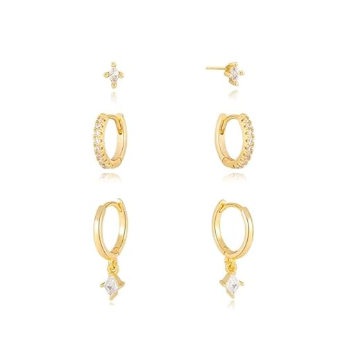 TTPSRY 3 Paar Ohrringe Set Damen 14K Gold mit Zirkonia Kristall Ohrstecker Creolen Anhänger Stud Hypoallergen Piercing Statement Earrings Schmuck Zubehör Geschenke für Frauen Mädchen (Set B) von TTPSRY