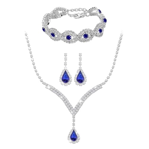 TTPSRY 3 Stück Schmuck Set Halskette Ohrhänger Armbänder mit Zirkonia Silberkette Kette mit Anhänger Damen Schmuckset Brautschmuck Hochwertiges Geschenk für Mädchen Frauen (Blau) von TTPSRY