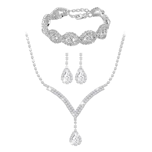 TTPSRY 3 Stück Schmuck Set Halskette Ohrhänger Armbänder mit Zirkonia Silberkette Kette mit Anhänger Damen Schmuckset Brautschmuck Hochwertiges Geschenk für Mädchen Frauen (Silber) von TTPSRY